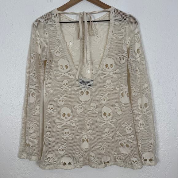 Royal Bones by Tripp Cream Mesh Skull Tunic Top Size Small - Picture 5 of 7